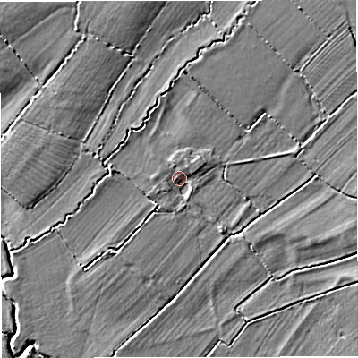 Shaded relief map of the ground around SP85HB, computed from Environment Agency LiDAR. The ground here sits at about 58 m above sea level and falls 7 m across the surrounding 800 m. Surface water reaching this point runs off ground lying to the north-east, 1.8 m higher.