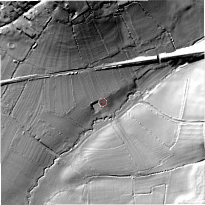 Shaded relief map of the ground around SP85HE, computed from Environment Agency LiDAR. The ground here sits at about 72 m above sea level and falls 44 m across the surrounding 800 m. Surface water reaching this point runs off ground lying to the north-north-west, 39.2 m higher.