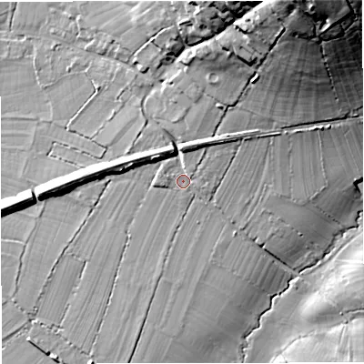Shaded relief map of the ground around SP85HF, computed from Environment Agency LiDAR. The ground here sits at about 71 m above sea level and falls 44 m across the surrounding 800 m. Surface water reaching this point runs off ground lying to the north-east, 4.6 m higher.