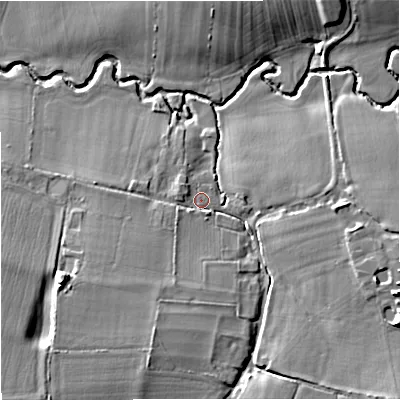 Shaded relief map of the ground around SP85JH, computed from Environment Agency LiDAR. The ground here sits at about 69 m above sea level and falls 17 m across the surrounding 800 m. Surface water reaching this point runs off ground lying to the south-west, 12.9 m higher.