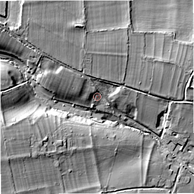 Shaded relief map of the ground around SP85NR, computed from Environment Agency LiDAR. The ground here sits at about 91 m above sea level and falls 24 m across the surrounding 800 m. Surface water reaching this point runs off ground lying to the north-west, 14.6 m higher.