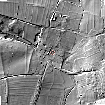 Shaded relief map of the ground around SP85NS, computed from Environment Agency LiDAR. The ground here sits at about 83 m above sea level and falls 18 m across the surrounding 800 m. Surface water reaching this point runs off ground lying to the north, 7.0 m higher.
