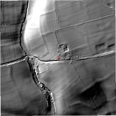 Shaded relief map of the ground around SP85PD, computed from Environment Agency LiDAR. The ground here sits at about 136 m above sea level and falls 31 m across the surrounding 800 m. Surface water reaching this point runs off ground lying to the north-east, 3.7 m higher.