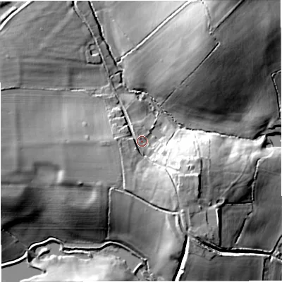 Shaded relief map of the ground around SP85PR, computed from Environment Agency LiDAR. The ground here sits at about 101 m above sea level and falls 22 m across the surrounding 800 m. Surface water reaching this point runs off ground lying to the south-west, 5.9 m higher.