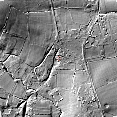 Shaded relief map of the ground around SP85PY, computed from Environment Agency LiDAR. The ground here sits at about 84 m above sea level and falls 26 m across the surrounding 800 m. Surface water reaching this point runs off ground lying to the north-north-east, 5.6 m higher.