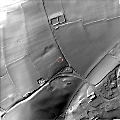 Shaded relief map of the ground around SP85RH, computed from Environment Agency LiDAR. The ground here sits at about 97 m above sea level and falls 35 m across the surrounding 800 m. Surface water reaching this point runs off ground lying to the west-north-west, 3.4 m higher.
