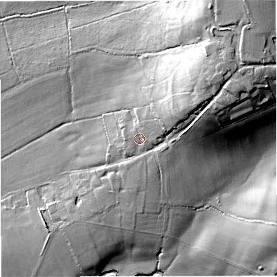 Shaded relief map of the ground around SP85RR, computed from Environment Agency LiDAR. The ground here sits at about 69 m above sea level and falls 45 m across the surrounding 800 m. Surface water reaching this point runs off ground lying to the north-east, 15.7 m higher.