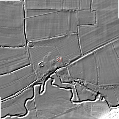 Shaded relief map of the ground around SP85RS, computed from Environment Agency LiDAR. The ground here sits at about 55 m above sea level and falls 14 m across the surrounding 800 m. Surface water reaching this point runs off ground lying to the east-south-east, 0.9 m higher.