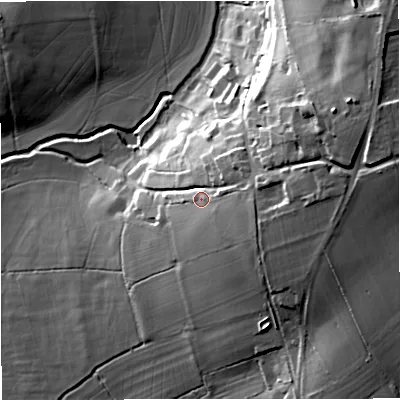 Shaded relief map of the ground around SP85RX, computed from Environment Agency LiDAR. The ground here sits at about 79 m above sea level and falls 39 m across the surrounding 800 m. Surface water reaching this point runs off ground lying to the east-south-east, 10.4 m higher.