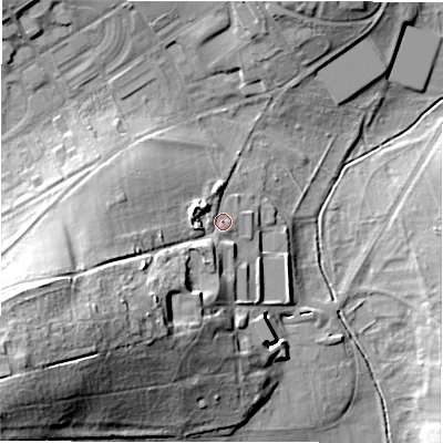 Shaded relief map of the ground around SP97AW, computed from Environment Agency LiDAR. The ground here sits at about 111 m above sea level and falls 32 m across the surrounding 800 m. Surface water reaching this point runs off ground lying to the south-west, 24.8 m higher.