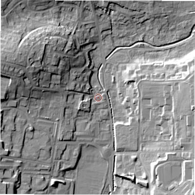 Shaded relief map of the ground around SP97BF, computed from Environment Agency LiDAR. The ground here sits at about 109 m above sea level and falls 20 m across the surrounding 800 m. Surface water reaching this point runs off ground lying to the west-north-west, 17.2 m higher.