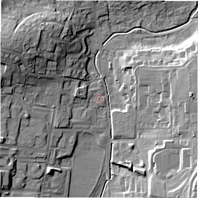Shaded relief map of the ground around SP97FJ, computed from Environment Agency LiDAR. The ground here sits at about 109 m above sea level and falls 20 m across the surrounding 800 m. Surface water reaching this point runs off ground lying to the west-north-west, 4.3 m higher.
