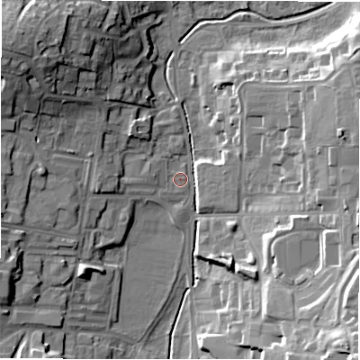 Shaded relief map of the ground around SP97LA, computed from Environment Agency LiDAR. The ground here sits at about 109 m above sea level and falls 23 m across the surrounding 800 m. Surface water reaching this point runs off ground lying to the north-west, 18.5 m higher.