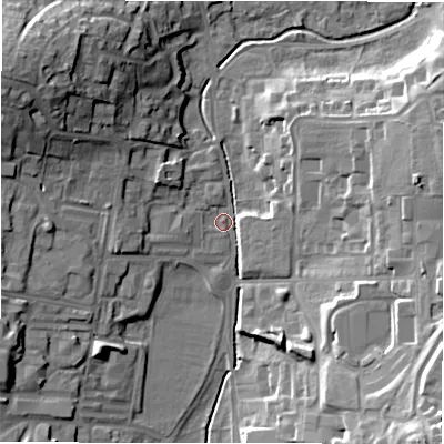 Shaded relief map of the ground around SP97LB, computed from Environment Agency LiDAR. The ground here sits at about 109 m above sea level and falls 22 m across the surrounding 800 m. Surface water reaching this point runs off ground lying to the north-west, 18.9 m higher.