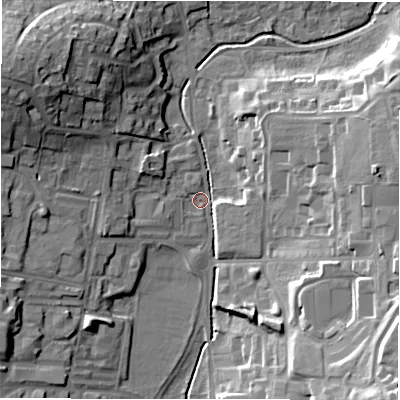 Shaded relief map of the ground around SP97LD, computed from Environment Agency LiDAR. The ground here sits at about 109 m above sea level and falls 22 m across the surrounding 800 m. Surface water reaching this point runs off ground lying to the north-west, 18.9 m higher.