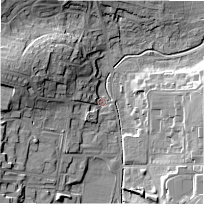 Shaded relief map of the ground around SP97LE, computed from Environment Agency LiDAR. The ground here sits at about 109 m above sea level and falls 20 m across the surrounding 800 m. Surface water reaching this point runs off ground lying to the west-north-west, 17.2 m higher.