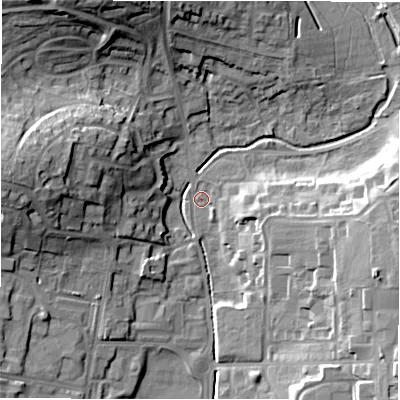 Shaded relief map of the ground around SP97LF, computed from Environment Agency LiDAR. The ground here sits at about 109 m above sea level and falls 23 m across the surrounding 800 m. Surface water reaching this point runs off ground lying to the north-west, 21.7 m higher.