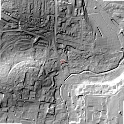 Shaded relief map of the ground around SP97LG, computed from Environment Agency LiDAR. The ground here sits at about 112 m above sea level and falls 34 m across the surrounding 800 m. Surface water reaching this point runs off ground lying to the north-west, 30.8 m higher.