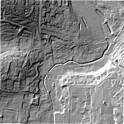 Shaded relief map of the ground around SP97LU, computed from Environment Agency LiDAR. The ground here sits at about 109 m above sea level and falls 32 m across the surrounding 800 m. Surface water reaching this point runs off ground lying to the north-west, 31.1 m higher.