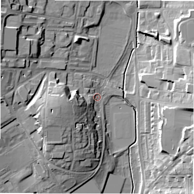 Shaded relief map of the ground around SP97SF, computed from Environment Agency LiDAR. The ground here sits at about 109 m above sea level and falls 20 m across the surrounding 800 m. Surface water reaching this point runs off ground lying to the west-south-west, 14.9 m higher.