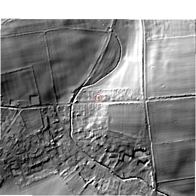 Shaded relief map of the ground around SP97TF, computed from Environment Agency LiDAR. The ground here sits at about 100 m above sea level and falls 30 m across the surrounding 800 m. Surface water reaching this point runs off ground lying to the east, 9.5 m higher.