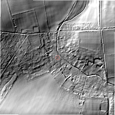 Shaded relief map of the ground around SP97TR, computed from Environment Agency LiDAR. The ground here sits at about 98 m above sea level and falls 21 m across the surrounding 800 m. Surface water reaching this point runs off ground lying to the west, 3.8 m higher.