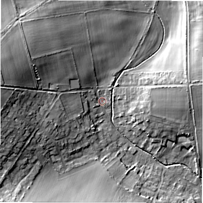 Shaded relief map of the ground around SP97TZ, computed from Environment Agency LiDAR. The ground here sits at about 98 m above sea level and falls 18 m across the surrounding 800 m. Surface water reaching this point runs off ground lying to the west-north-west, 16.4 m higher.