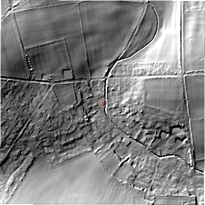 Shaded relief map of the ground around SP97UB, computed from Environment Agency LiDAR. The ground here sits at about 98 m above sea level and falls 17 m across the surrounding 800 m. Surface water reaching this point runs off ground lying to the west-north-west, 15.8 m higher.