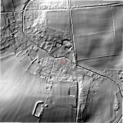 Shaded relief map of the ground around SP97UE, computed from Environment Agency LiDAR. The ground here sits at about 97 m above sea level and falls 25 m across the surrounding 800 m. Surface water reaching this point runs off ground lying to the south-south-west, 17.3 m higher.