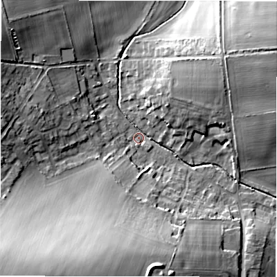 Shaded relief map of the ground around SP97UF, computed from Environment Agency LiDAR. The ground here sits at about 97 m above sea level and falls 23 m across the surrounding 800 m. Surface water reaching this point runs off ground lying to the south-west, 22.2 m higher.