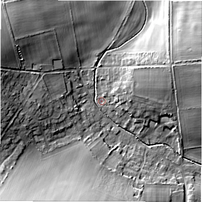 Shaded relief map of the ground around SP97UG, computed from Environment Agency LiDAR. The ground here sits at about 98 m above sea level and falls 18 m across the surrounding 800 m. Surface water reaching this point runs off ground lying to the west-north-west, 14.8 m higher.