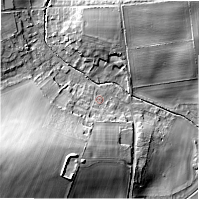 Shaded relief map of the ground around SP97UH, computed from Environment Agency LiDAR. The ground here sits at about 98 m above sea level and falls 22 m across the surrounding 800 m. Surface water reaching this point runs off ground lying to the south-west, 16.1 m higher.