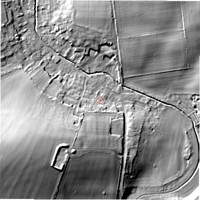 Shaded relief map of the ground around SP97UL, computed from Environment Agency LiDAR. The ground here sits at about 99 m above sea level and falls 22 m across the surrounding 800 m. Surface water reaching this point runs off ground lying to the south-west, 15.7 m higher.