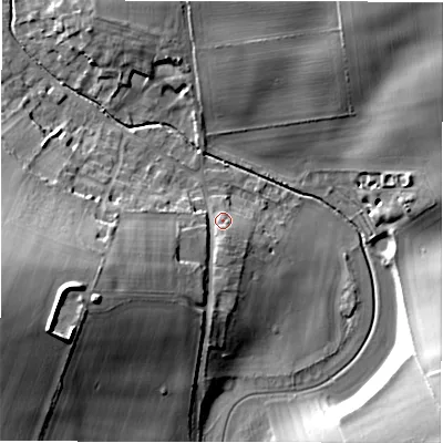 Shaded relief map of the ground around SP97UN, computed from Environment Agency LiDAR. The ground here sits at about 100 m above sea level and falls 23 m across the surrounding 800 m. Surface water reaching this point runs off ground lying to the west-south-west, 13.4 m higher.