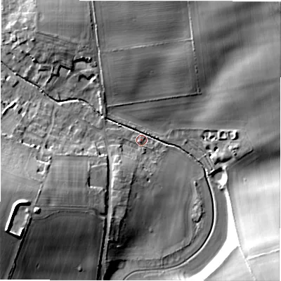 Shaded relief map of the ground around SP97UP, computed from Environment Agency LiDAR. The ground here sits at about 97 m above sea level and falls 31 m across the surrounding 800 m. Surface water reaching this point runs off ground lying to the south-west, 16.4 m higher.
