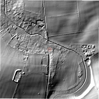 Shaded relief map of the ground around SP97UR, computed from Environment Agency LiDAR. The ground here sits at about 97 m above sea level and falls 25 m across the surrounding 800 m. Surface water reaching this point runs off ground lying to the south-west, 14.8 m higher.