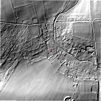 Shaded relief map of the ground around SP97US, computed from Environment Agency LiDAR. The ground here sits at about 99 m above sea level and falls 23 m across the surrounding 800 m. Surface water reaching this point runs off ground lying to the south-west, 20.1 m higher.