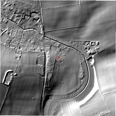 Shaded relief map of the ground around SP97UW, computed from Environment Agency LiDAR. The ground here sits at about 99 m above sea level and falls 25 m across the surrounding 800 m. Surface water reaching this point runs off ground lying to the west-south-west, 2.9 m higher.