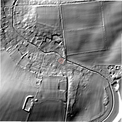 Shaded relief map of the ground around SP97YF, computed from Environment Agency LiDAR. The ground here sits at about 97 m above sea level and falls 27 m across the surrounding 800 m. Surface water reaching this point runs off ground lying to the south-west, 19.4 m higher.