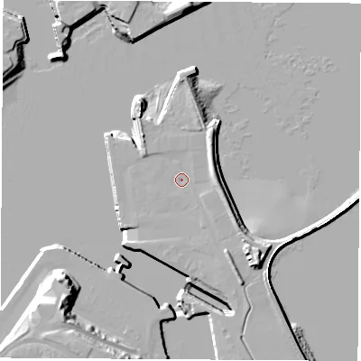 Shaded relief map of the ground around SR12BU, computed from Environment Agency LiDAR. The ground here sits at about 5 m above sea level and falls 21 m across the surrounding 800 m. Surface water reaching this point runs off ground lying to the south-east, 5.5 m higher.