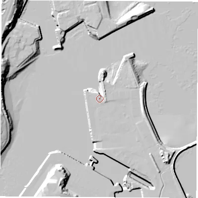 Shaded relief map of the ground around SR12EG, computed from Environment Agency LiDAR. The ground here sits at about 5 m above sea level and falls 25 m across the surrounding 800 m. Surface water reaching this point runs off ground lying to the east-south-east, 6.4 m higher.