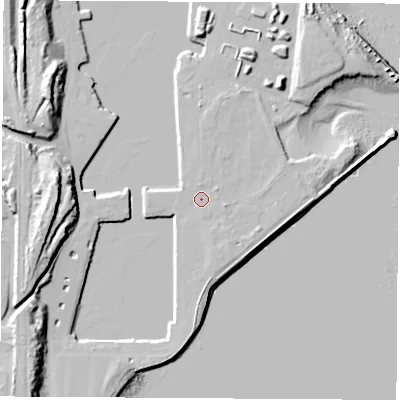 Shaded relief map of the ground around SR12ES, computed from Environment Agency LiDAR. The ground here sits at about 5 m above sea level and falls 24 m across the surrounding 800 m. Surface water reaching this point runs off ground lying to the east-south-east, 1.1 m higher.
