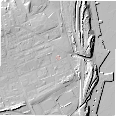 Shaded relief map of the ground around SR12PA, computed from Environment Agency LiDAR. The ground here sits at about 15 m above sea level and falls 27 m across the surrounding 800 m. Surface water reaching this point runs off ground lying to the south-west, 11.8 m higher.