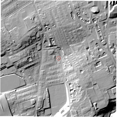 Shaded relief map of the ground around SR27HE, computed from Environment Agency LiDAR. The ground here sits at about 30 m above sea level and falls 31 m across the surrounding 800 m. Surface water reaching this point runs off ground lying to the north-east, 16.1 m higher.