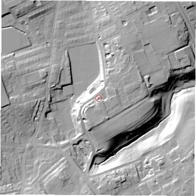 Shaded relief map of the ground around SR27HH, computed from Environment Agency LiDAR. The ground here sits at about 41 m above sea level and falls 24 m across the surrounding 800 m. Surface water reaching this point runs off ground lying to the south, 4.2 m higher.