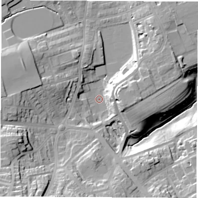 Shaded relief map of the ground around SR27HJ, computed from Environment Agency LiDAR. The ground here sits at about 28 m above sea level and falls 33 m across the surrounding 800 m. Surface water reaching this point runs off ground lying to the east, 17.3 m higher.