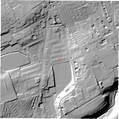 Shaded relief map of the ground around SR27HP, computed from Environment Agency LiDAR. The ground here sits at about 30 m above sea level and falls 22 m across the surrounding 800 m. Surface water reaching this point runs off ground lying to the north-west, 13.8 m higher.