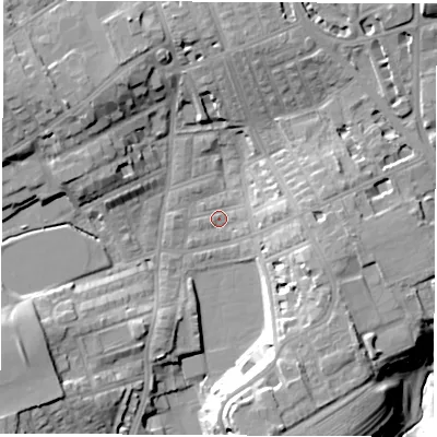 Shaded relief map of the ground around SR27HR, computed from Environment Agency LiDAR. The ground here sits at about 30 m above sea level and falls 25 m across the surrounding 800 m. Surface water reaching this point runs off ground lying to the north-west, 13.8 m higher.
