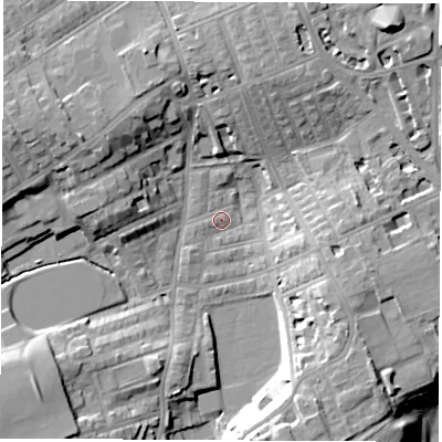 Shaded relief map of the ground around SR27HS, computed from Environment Agency LiDAR. The ground here sits at about 31 m above sea level and falls 22 m across the surrounding 800 m. Surface water reaching this point runs off ground lying to the west-north-west, 12.0 m higher.
