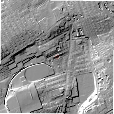 Shaded relief map of the ground around SR27LE, computed from Environment Agency LiDAR. The ground here sits at about 34 m above sea level and falls 19 m across the surrounding 800 m. Surface water reaching this point runs off ground lying to the north-north-west, 3.8 m higher.